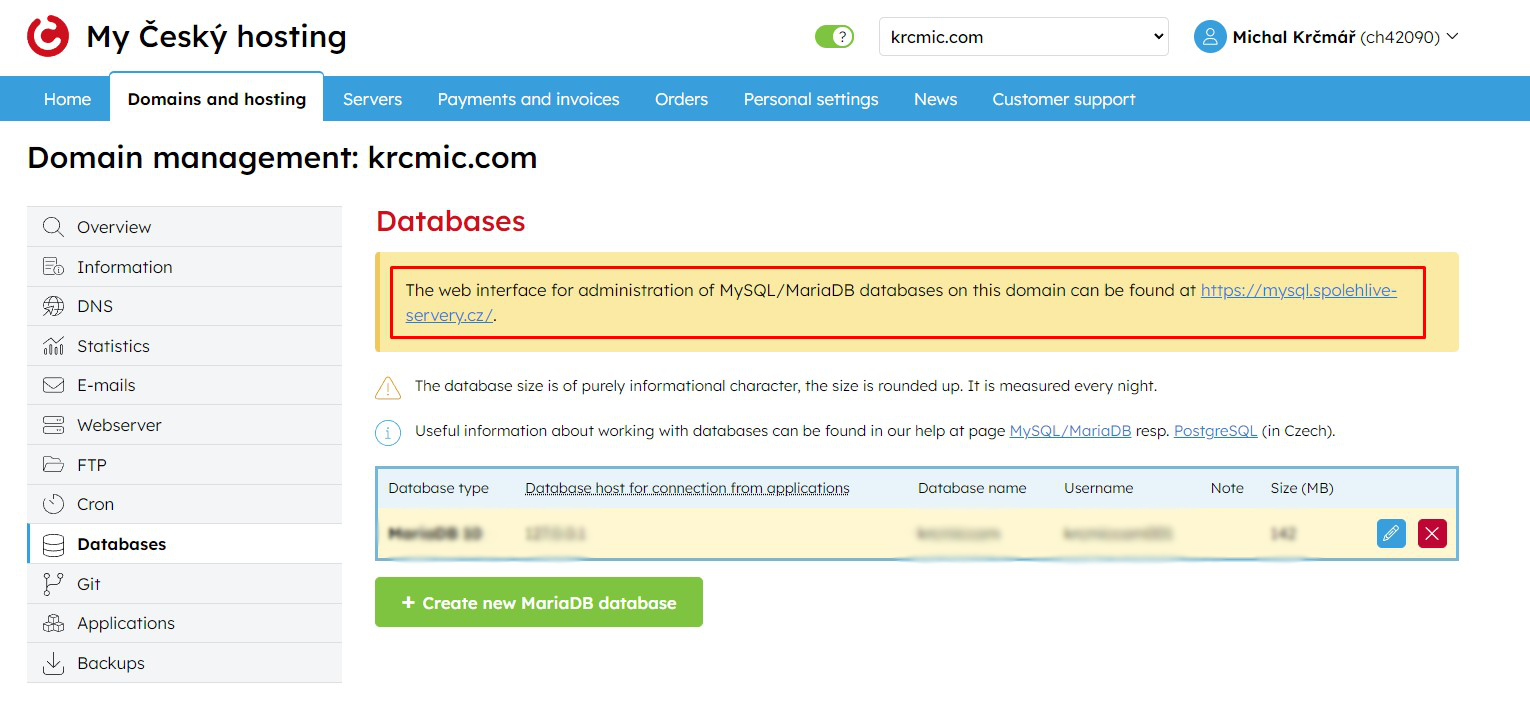 Web based myPHPAdmin example in current hosting provider interface