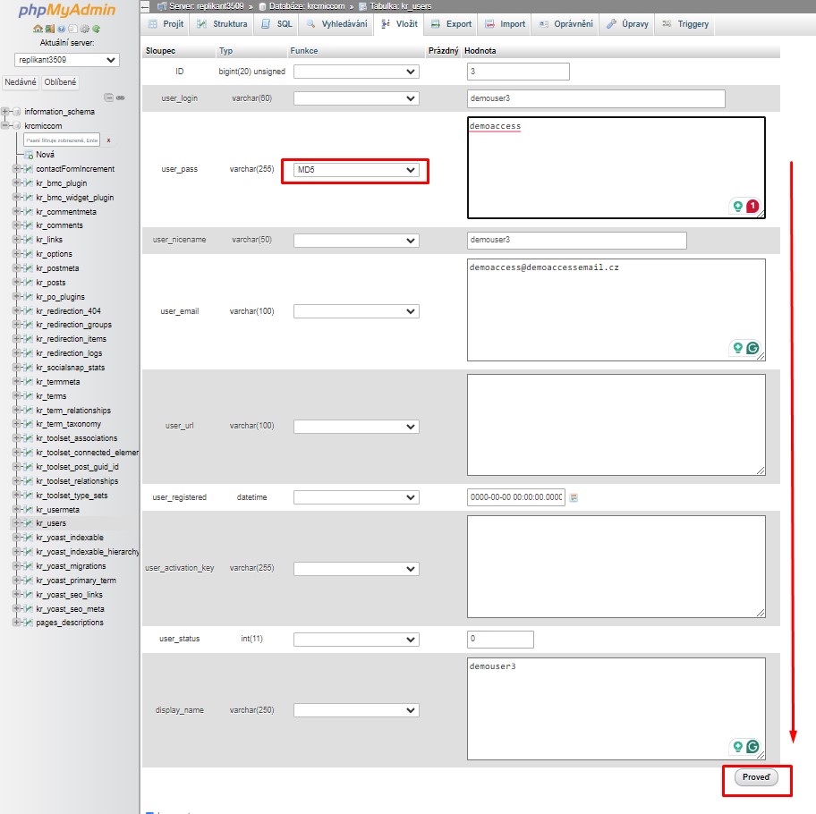 Insert in MySQL in PHPmyAdmin - new user and MD5 encryption