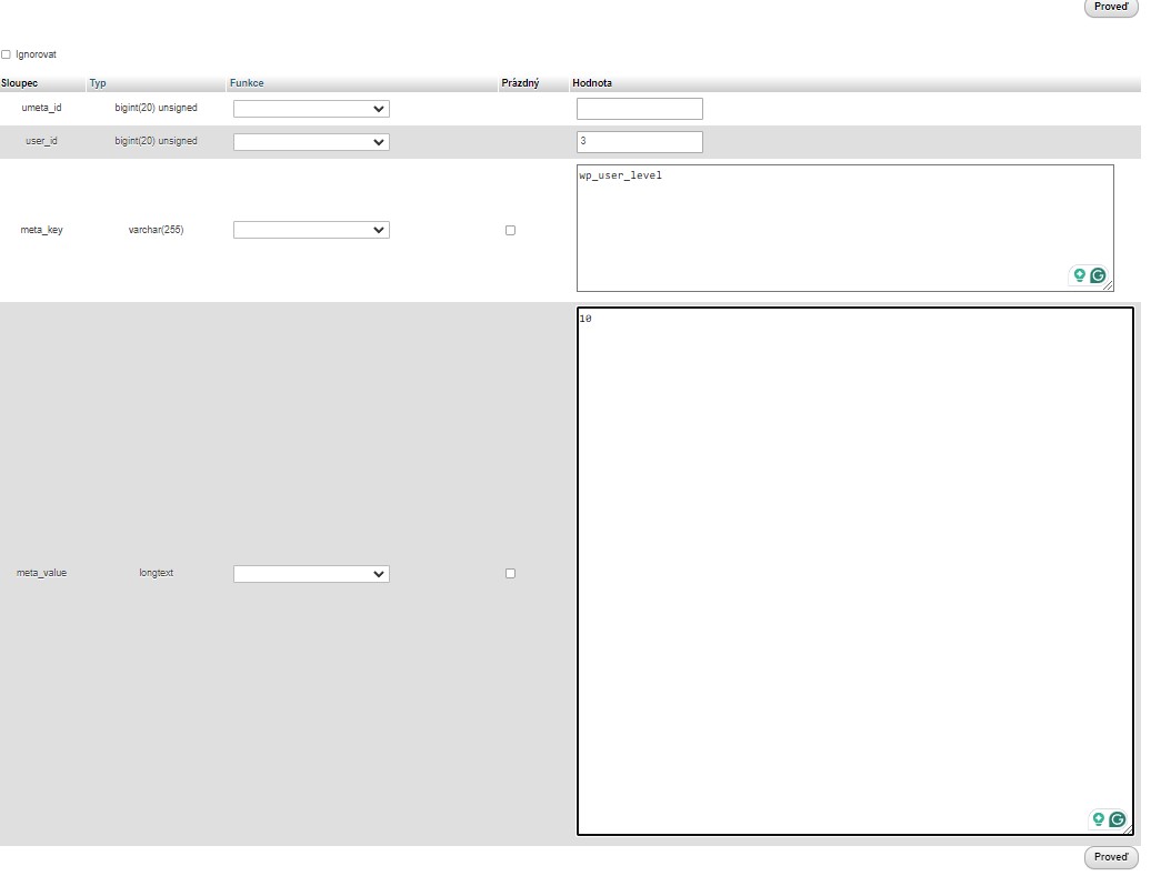 Insert in MySQL in PHPmyAdmin - new user rights in wp_usermeta - second part of the table