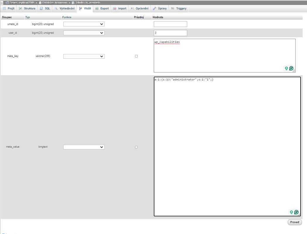 Insert in MySQL in PHPmyAdmin - new user rights in wp_usermeta